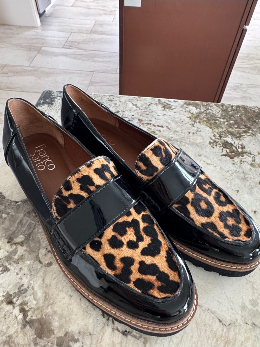 Franco Sarto Coen Black Patent Loafers with Leopard Detail